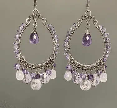 Amethyst Moonstone Oxidized Sterling Silver Hoop Earrings