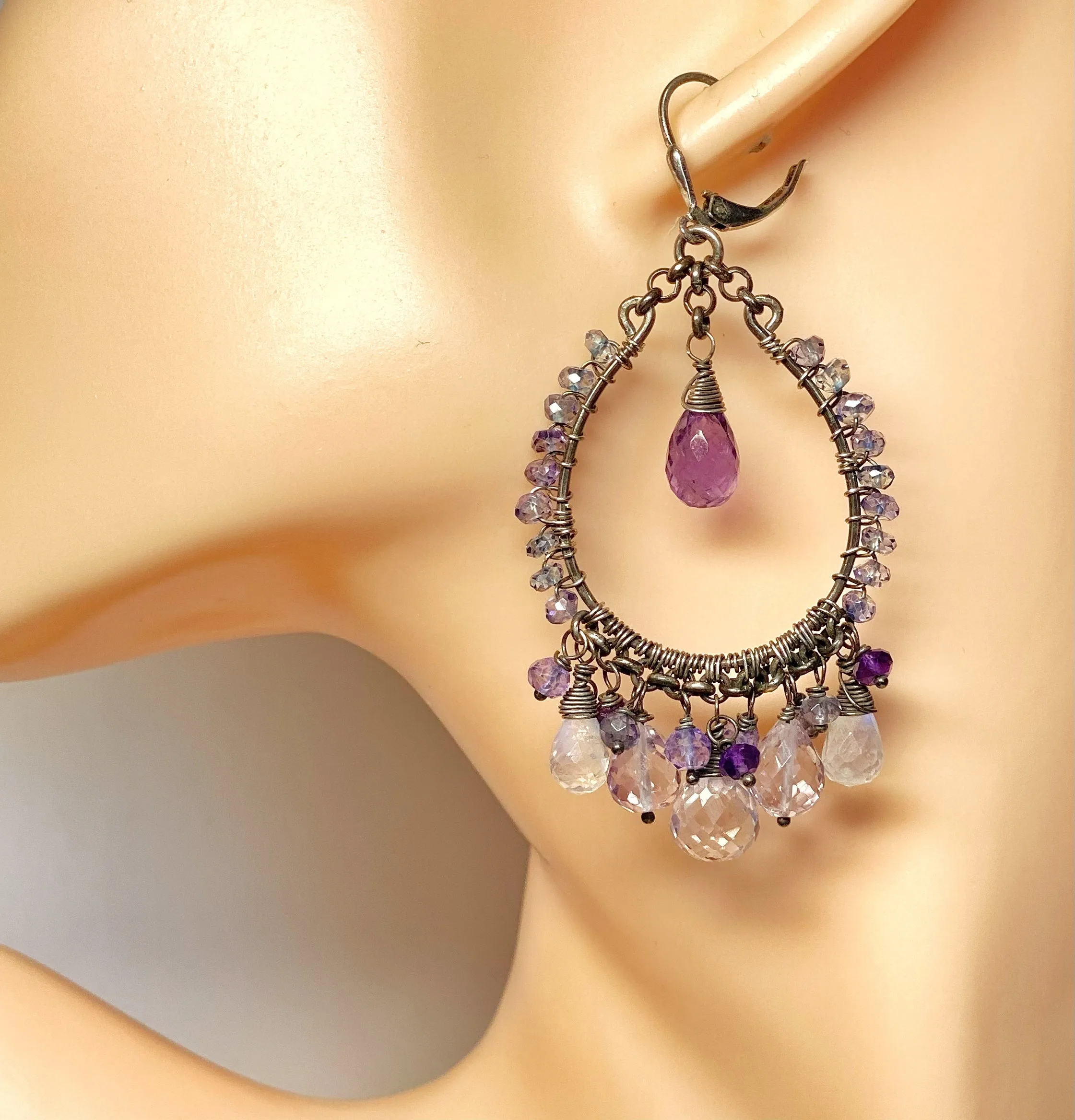 Amethyst Moonstone Oxidized Sterling Silver Hoop Earrings