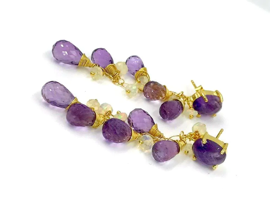 Amethyst, Opal and Gold Dangle Post Earrings