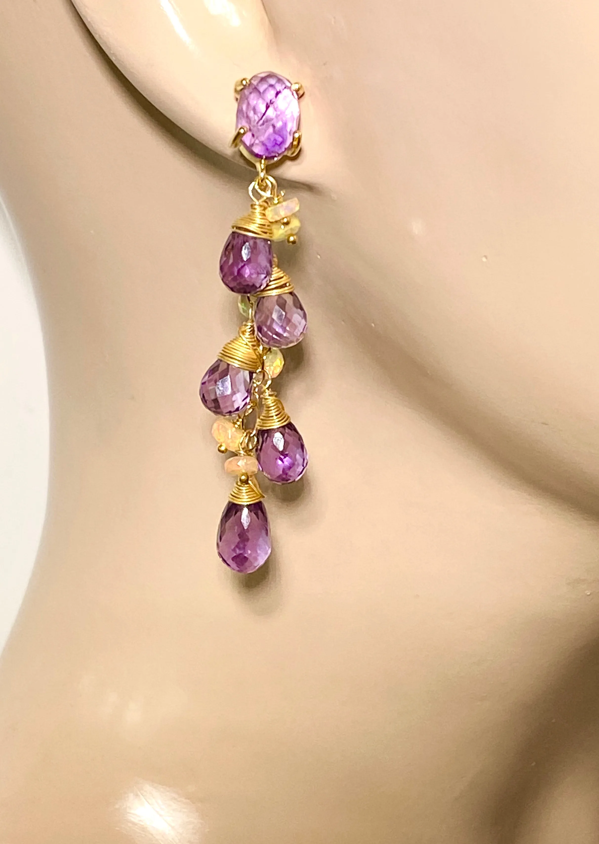 Amethyst, Opal and Gold Dangle Post Earrings