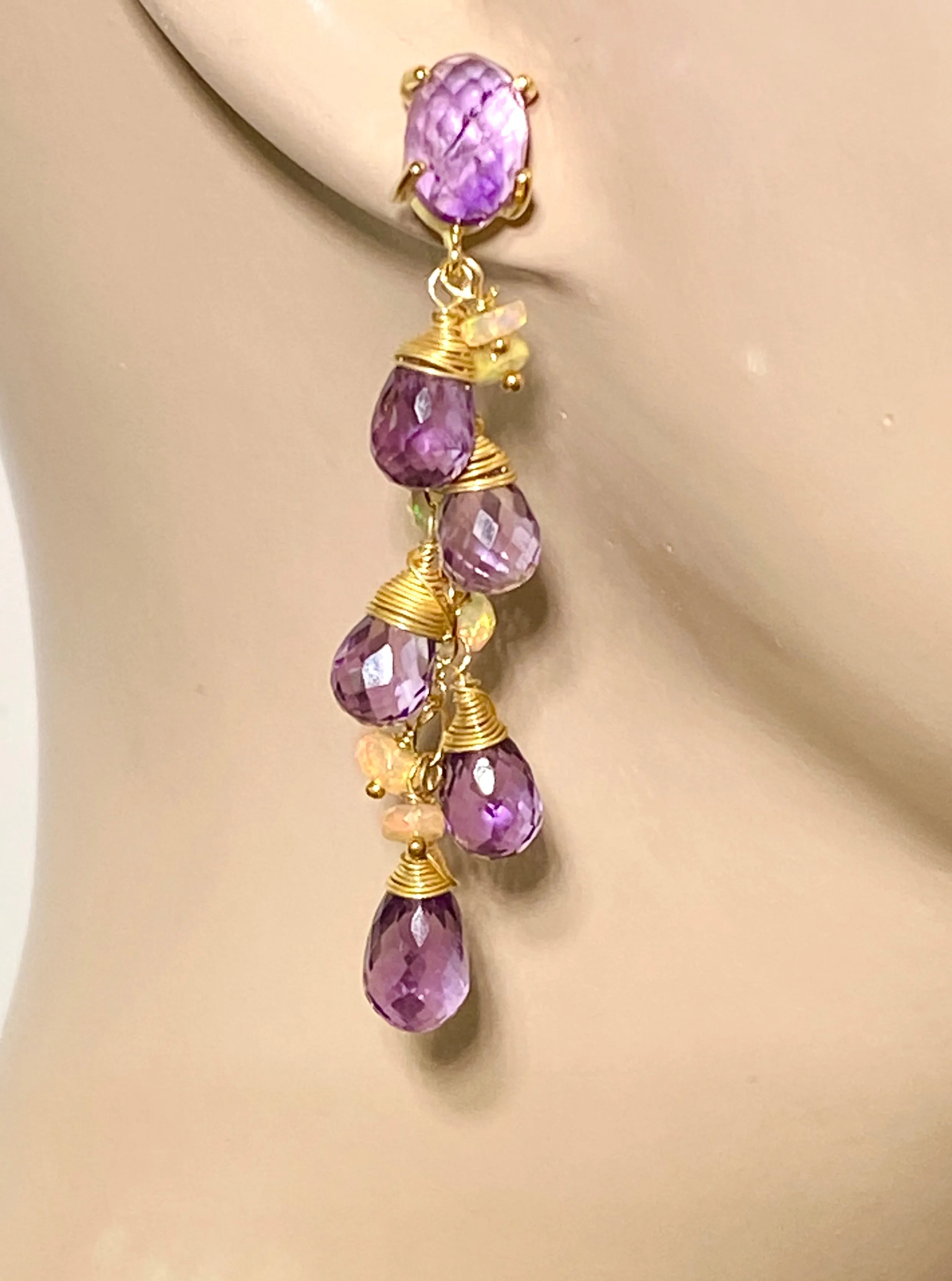 Amethyst, Opal and Gold Dangle Post Earrings