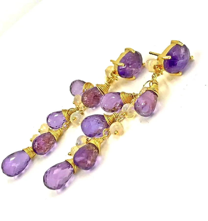 Amethyst, Opal and Gold Dangle Post Earrings