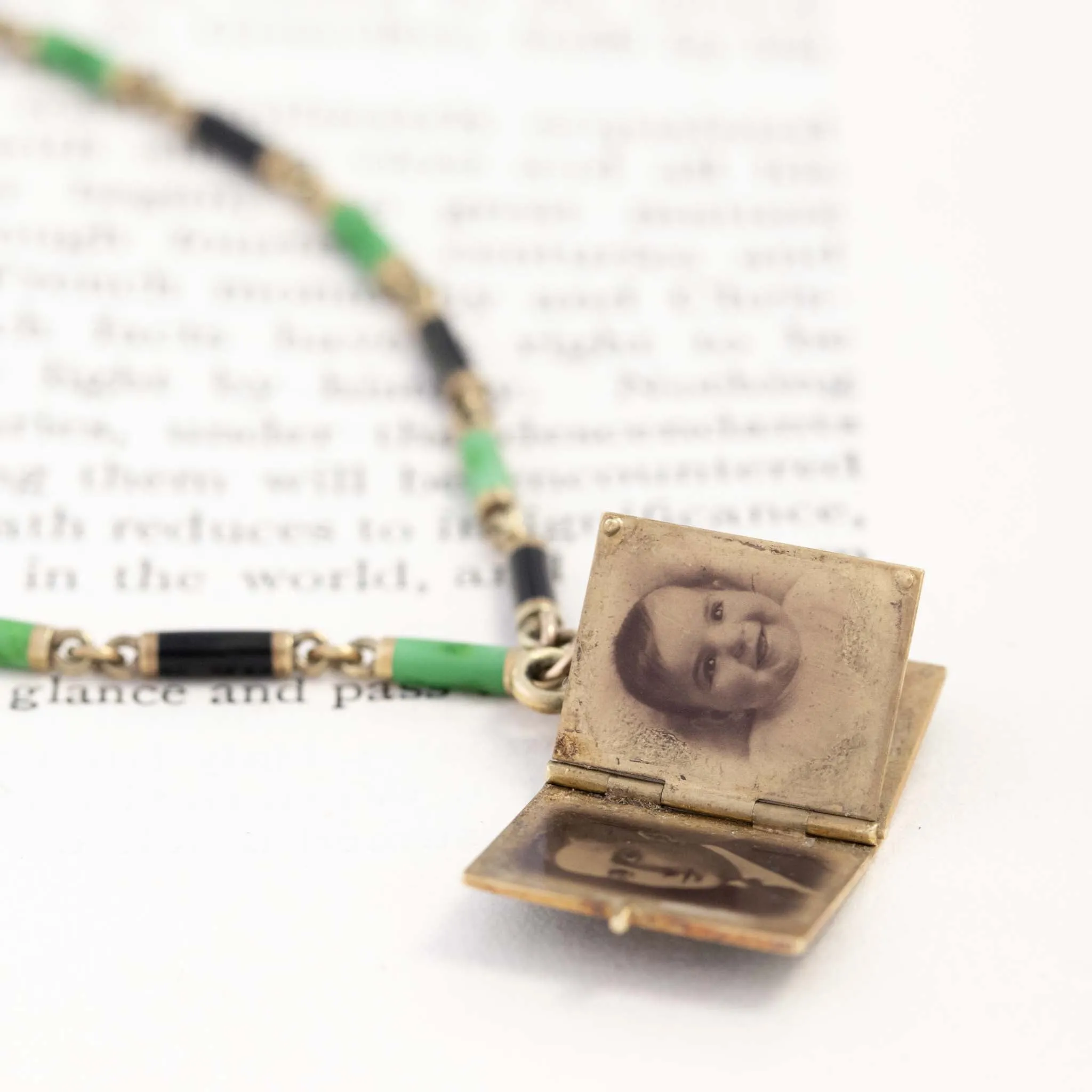Antique Green & Black Enamel Book Locket Bracelet