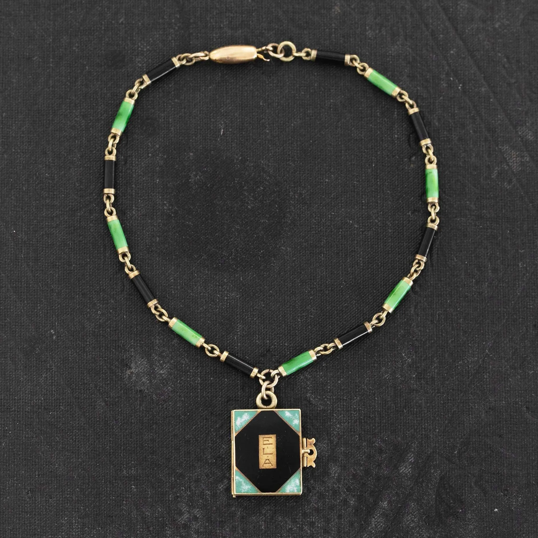 Antique Green & Black Enamel Book Locket Bracelet