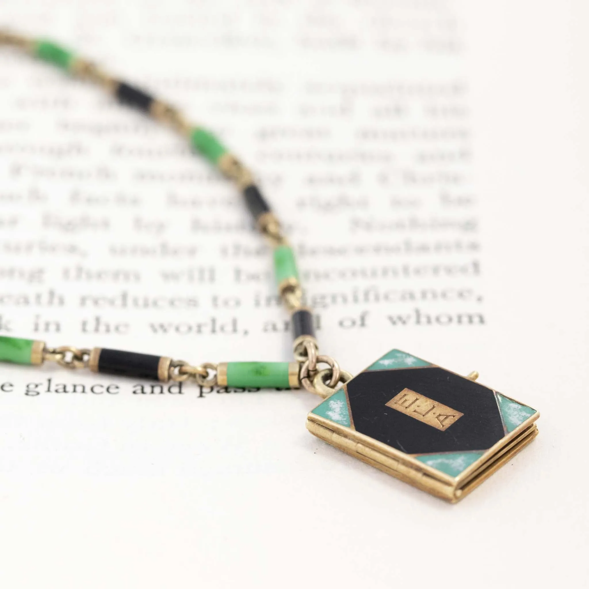 Antique Green & Black Enamel Book Locket Bracelet