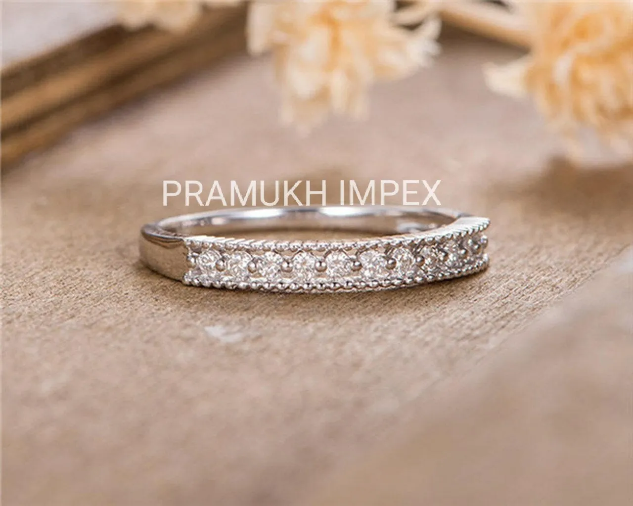 Antique Wedding Band Women Diamond Eternity Stacking Stackable Band White Gold Micro Pave Beaded Anniversary Promise Minimalist Simple Ring