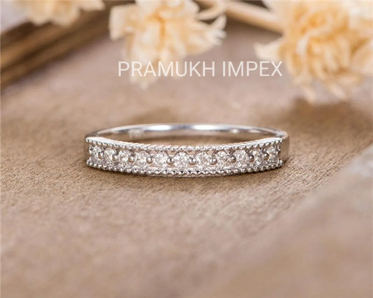 Antique Wedding Band Women Diamond Eternity Stacking Stackable Band White Gold Micro Pave Beaded Anniversary Promise Minimalist Simple Ring