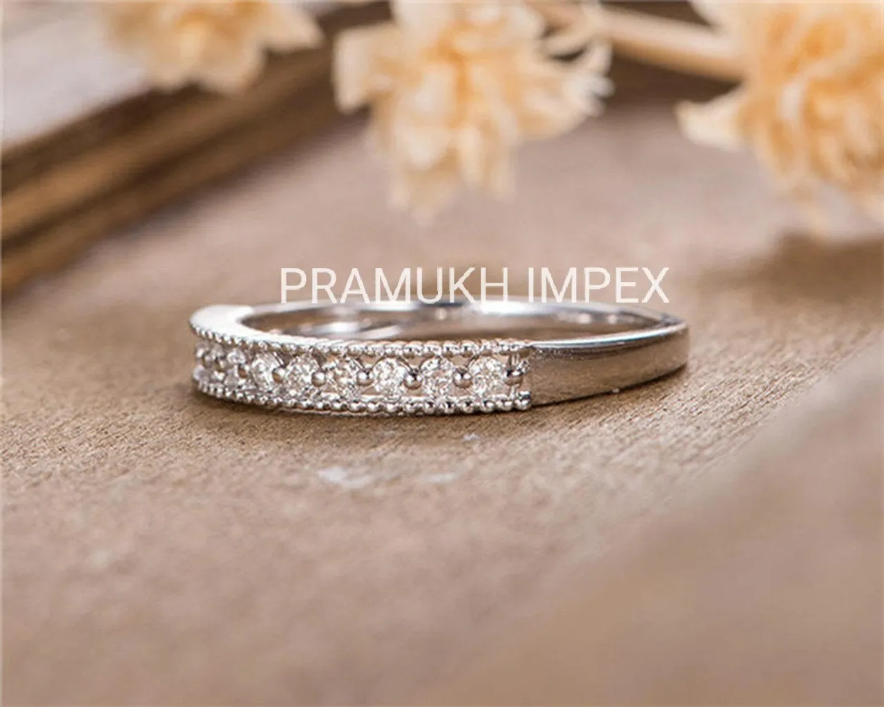 Antique Wedding Band Women Diamond Eternity Stacking Stackable Band White Gold Micro Pave Beaded Anniversary Promise Minimalist Simple Ring