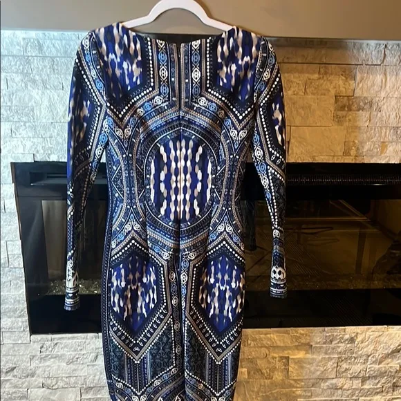 Antonio Melani Silver and Blue Bodycon Long Sleeve Cocktail Dress, size 2