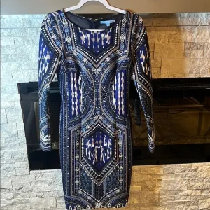 Antonio Melani Silver and Blue Bodycon Long Sleeve Cocktail Dress, size 2