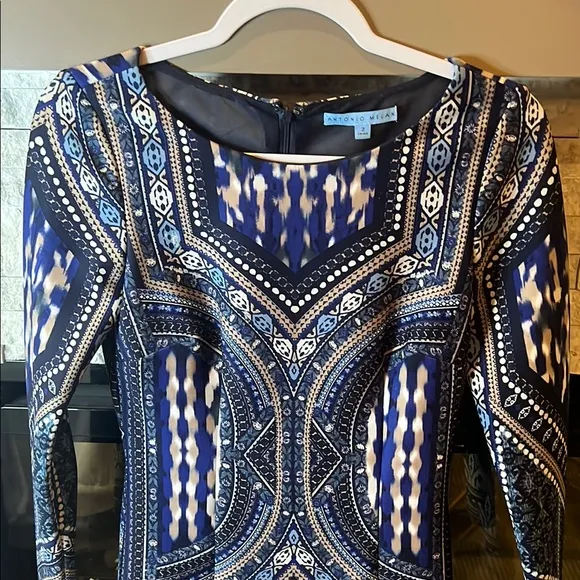 Antonio Melani Silver and Blue Bodycon Long Sleeve Cocktail Dress, size 2