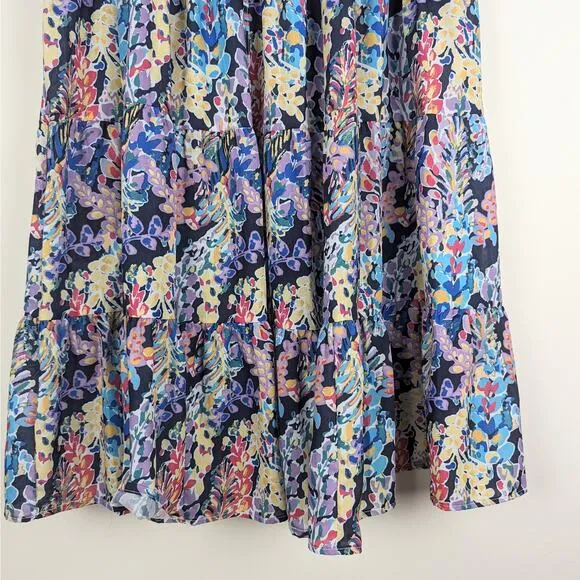 AQUA Flower Print Tiered Drawstring Midi Skirt Size Large