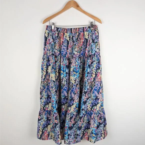 AQUA Flower Print Tiered Drawstring Midi Skirt Size Large