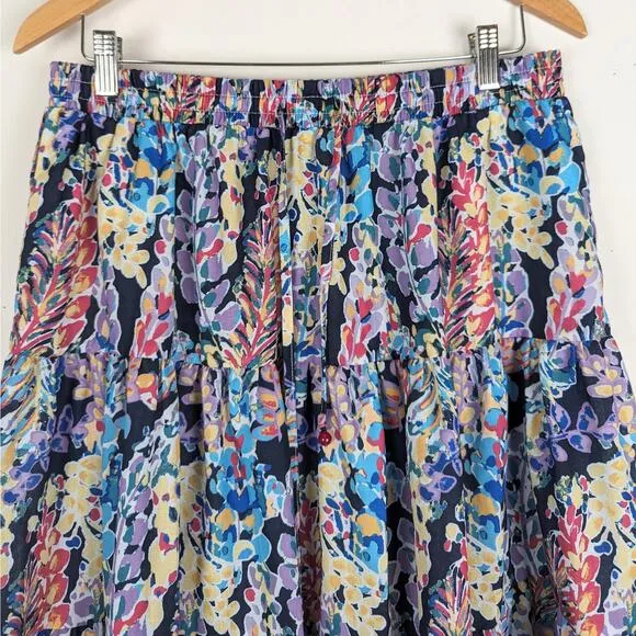 AQUA Flower Print Tiered Drawstring Midi Skirt Size Large