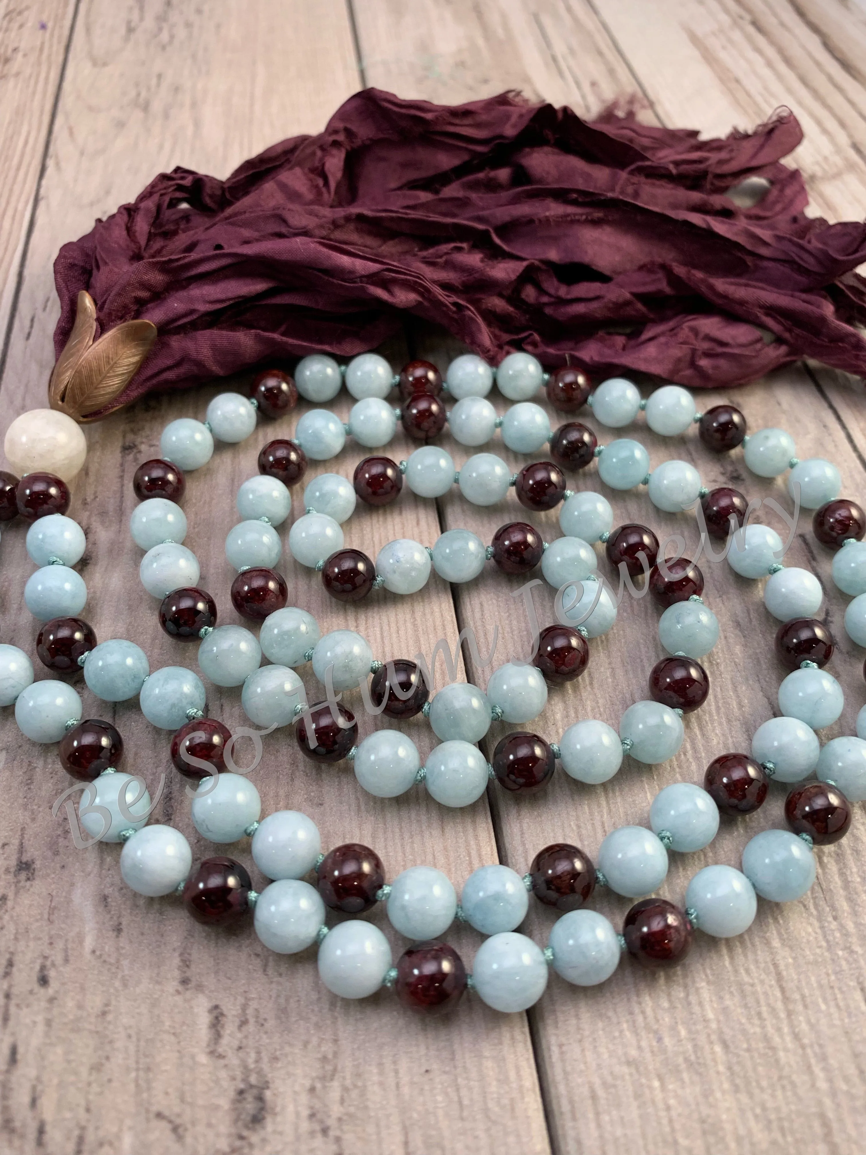 Aquamarine and Garnet Sari Silk Tassel Mala Necklace