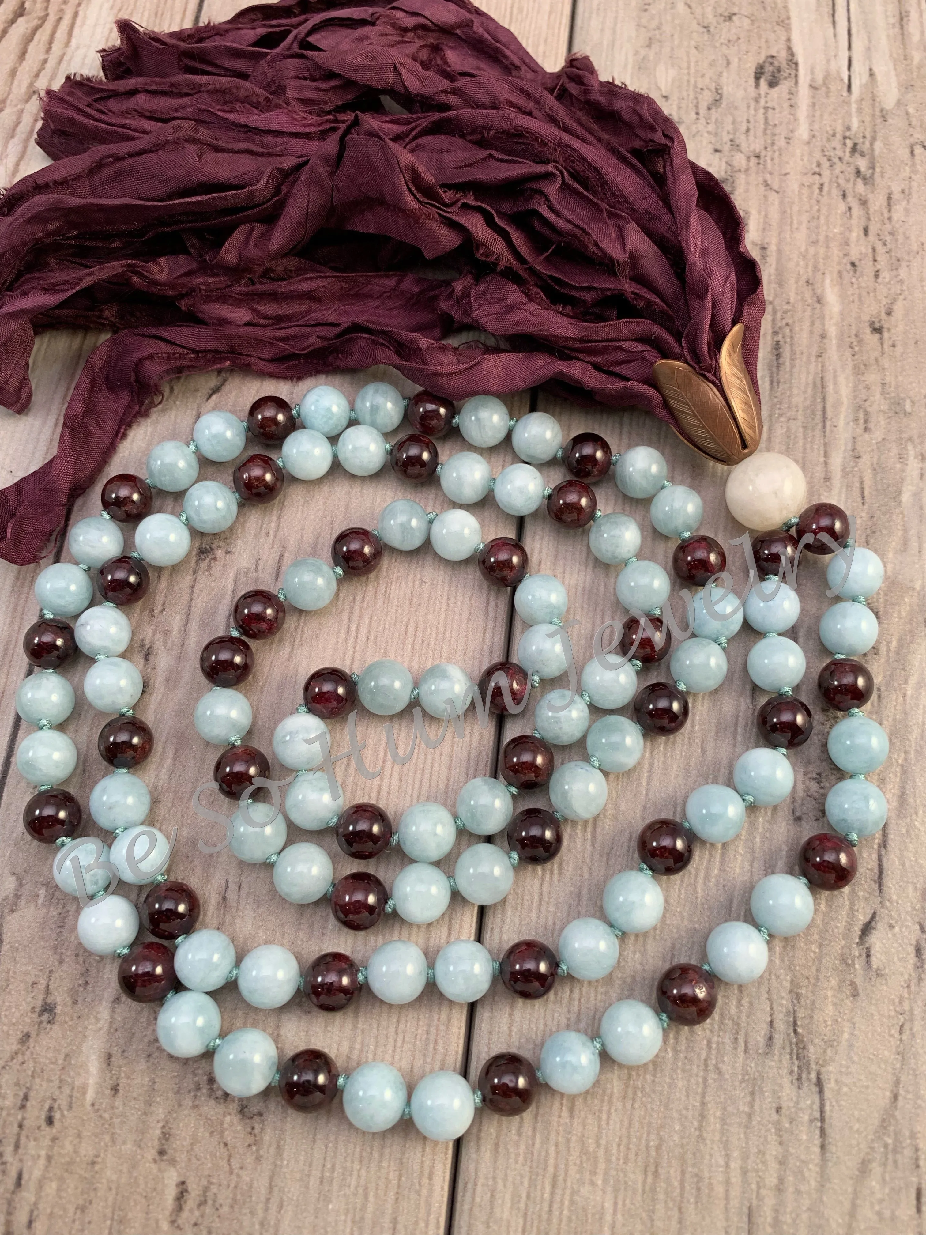 Aquamarine and Garnet Sari Silk Tassel Mala Necklace