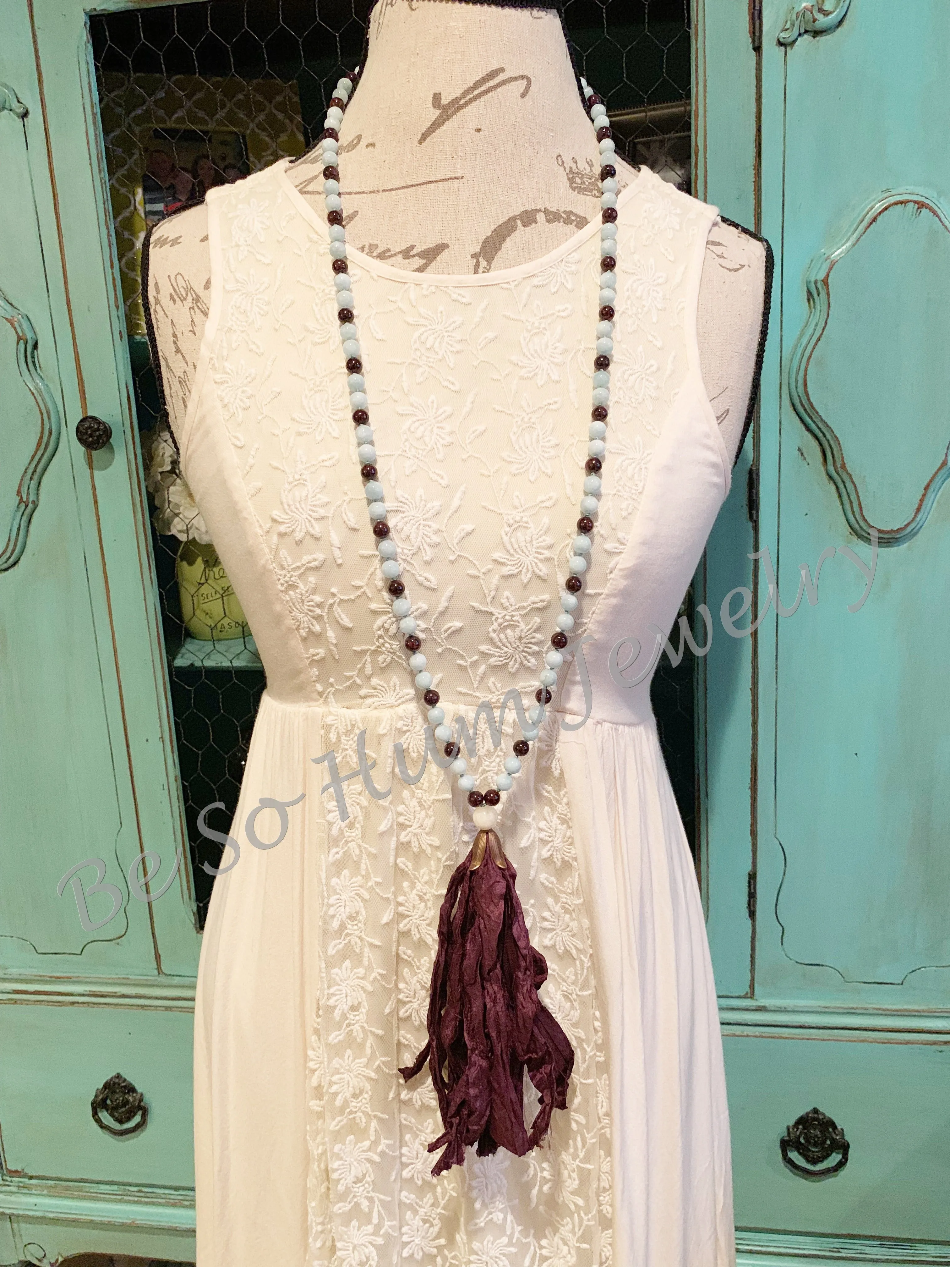 Aquamarine and Garnet Sari Silk Tassel Mala Necklace