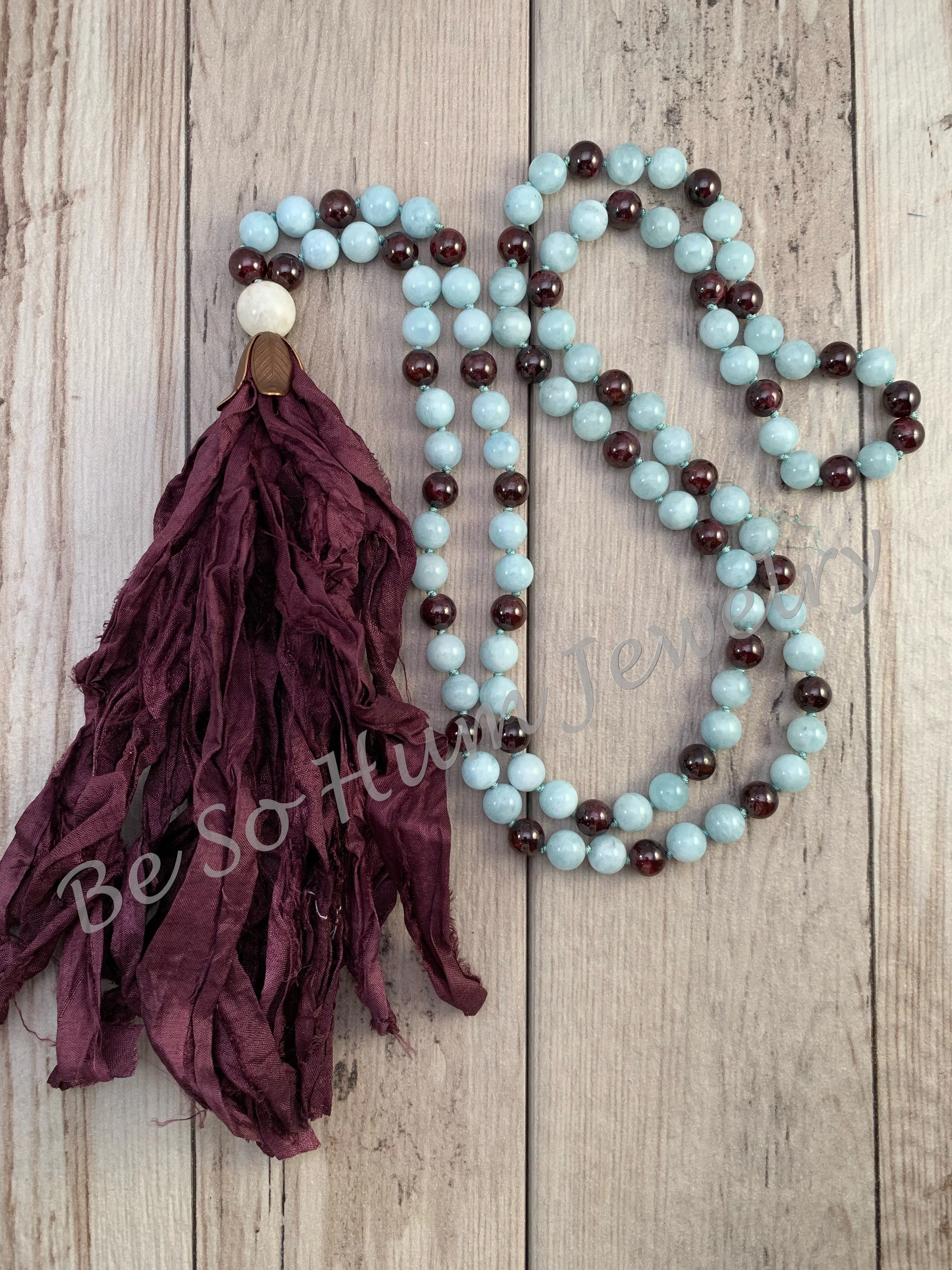 Aquamarine and Garnet Sari Silk Tassel Mala Necklace