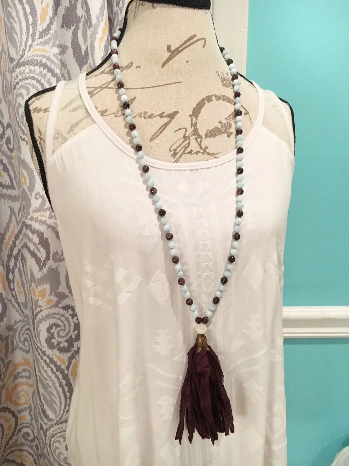 Aquamarine and Garnet Sari Silk Tassel Mala Necklace