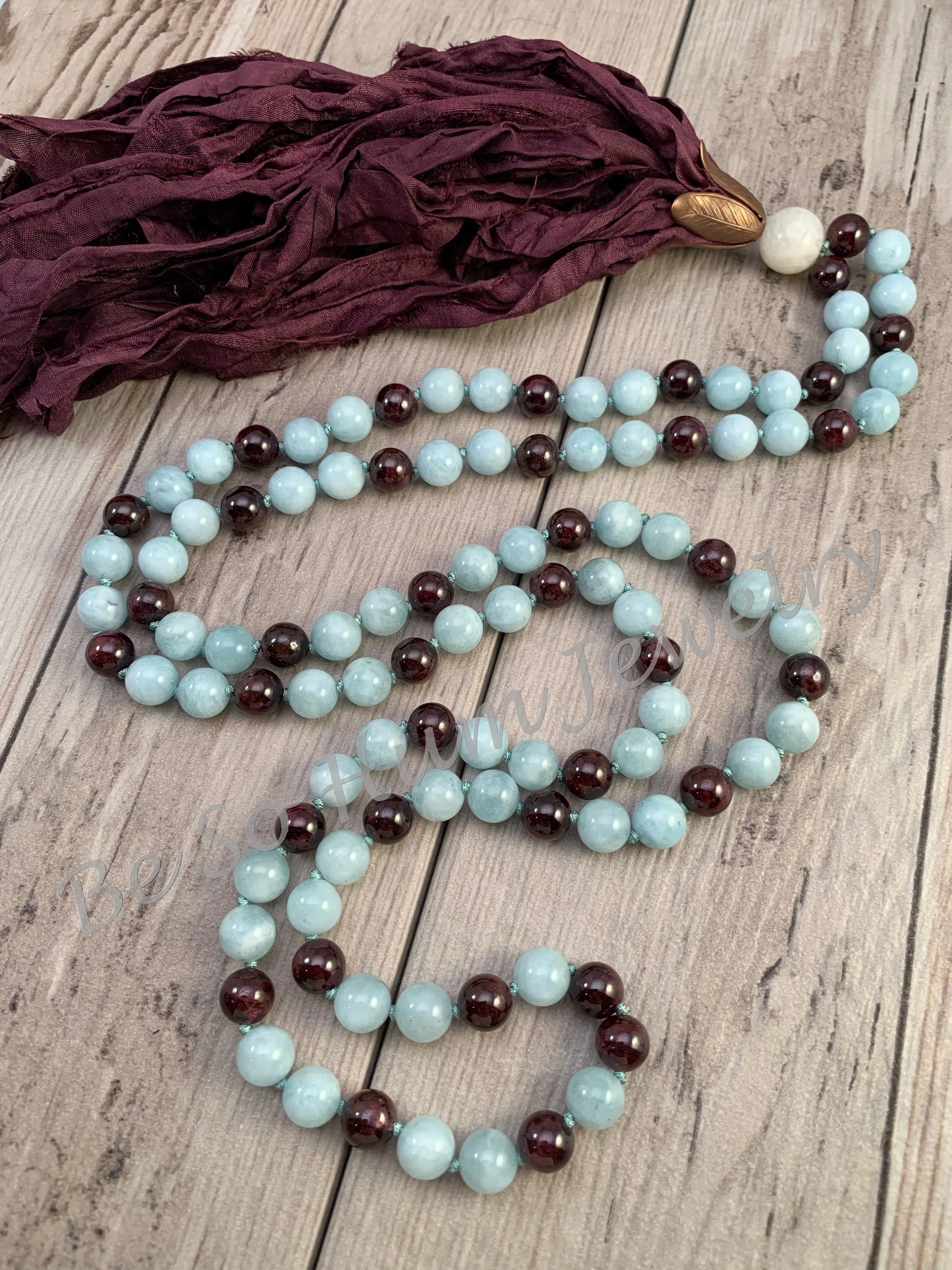 Aquamarine and Garnet Sari Silk Tassel Mala Necklace
