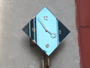 Art Deco Blue Mirror Pendulum Wall Clock, German, Weight Driven