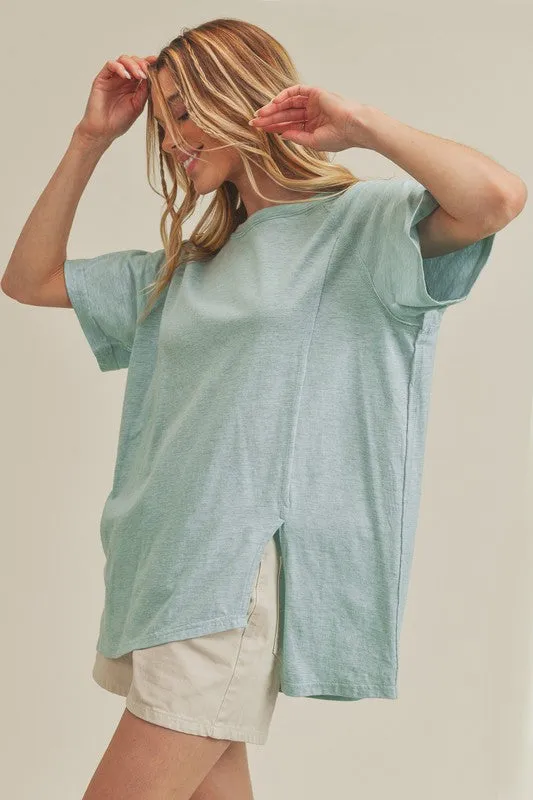 Asymmetrical Front Slit Round Neck Raglan Sleeve T-Shirt