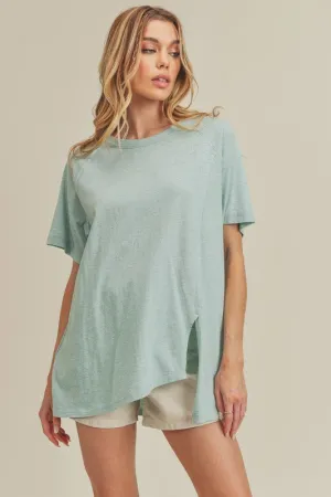 Asymmetrical Front Slit Round Neck Raglan Sleeve T-Shirt