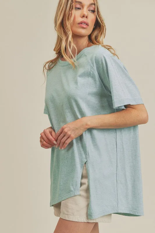 Asymmetrical Front Slit Round Neck Raglan Sleeve T-Shirt