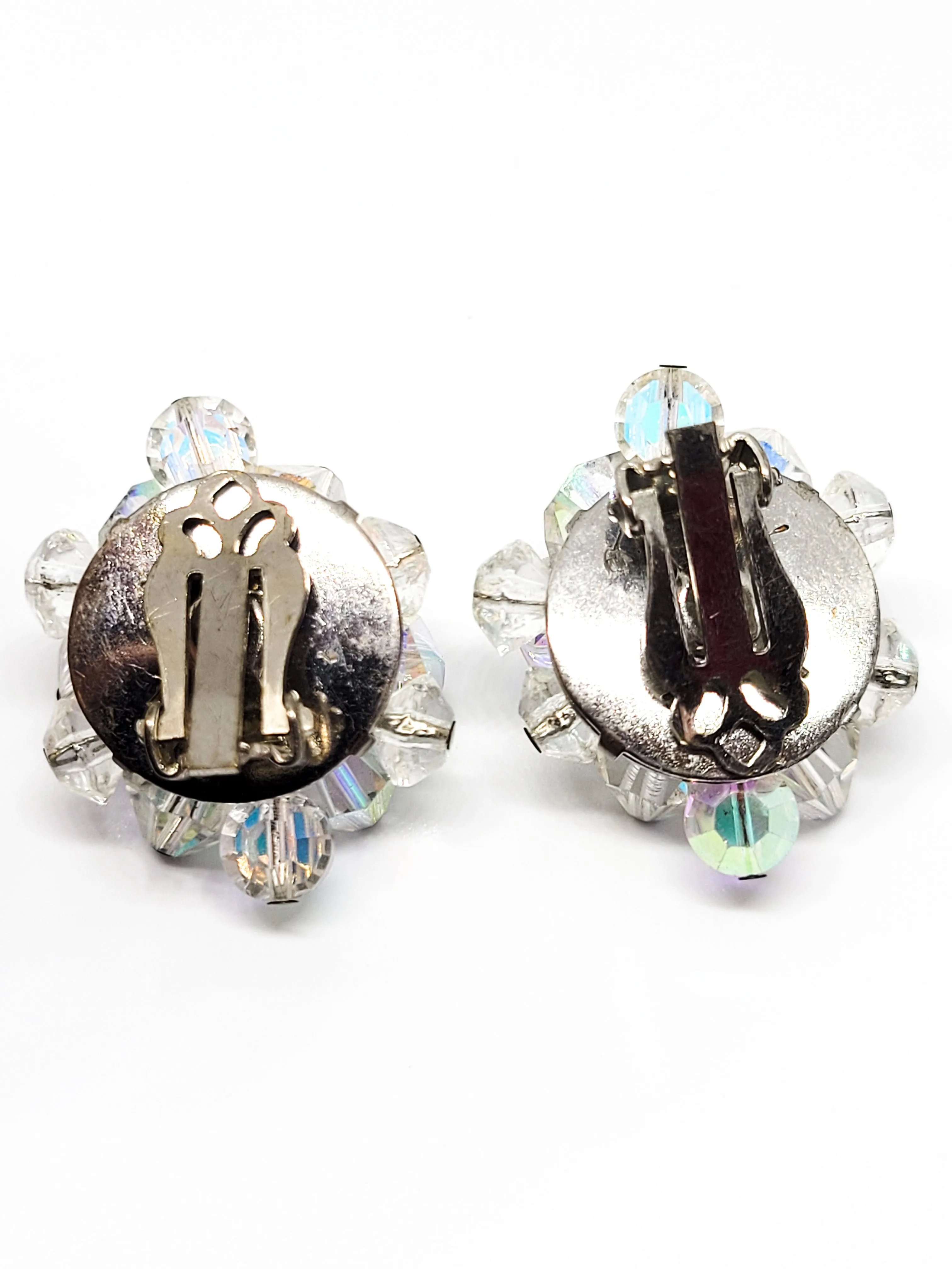 Austrain crystal brass beaded aurora borealis rhinestone clip on vintage earrings