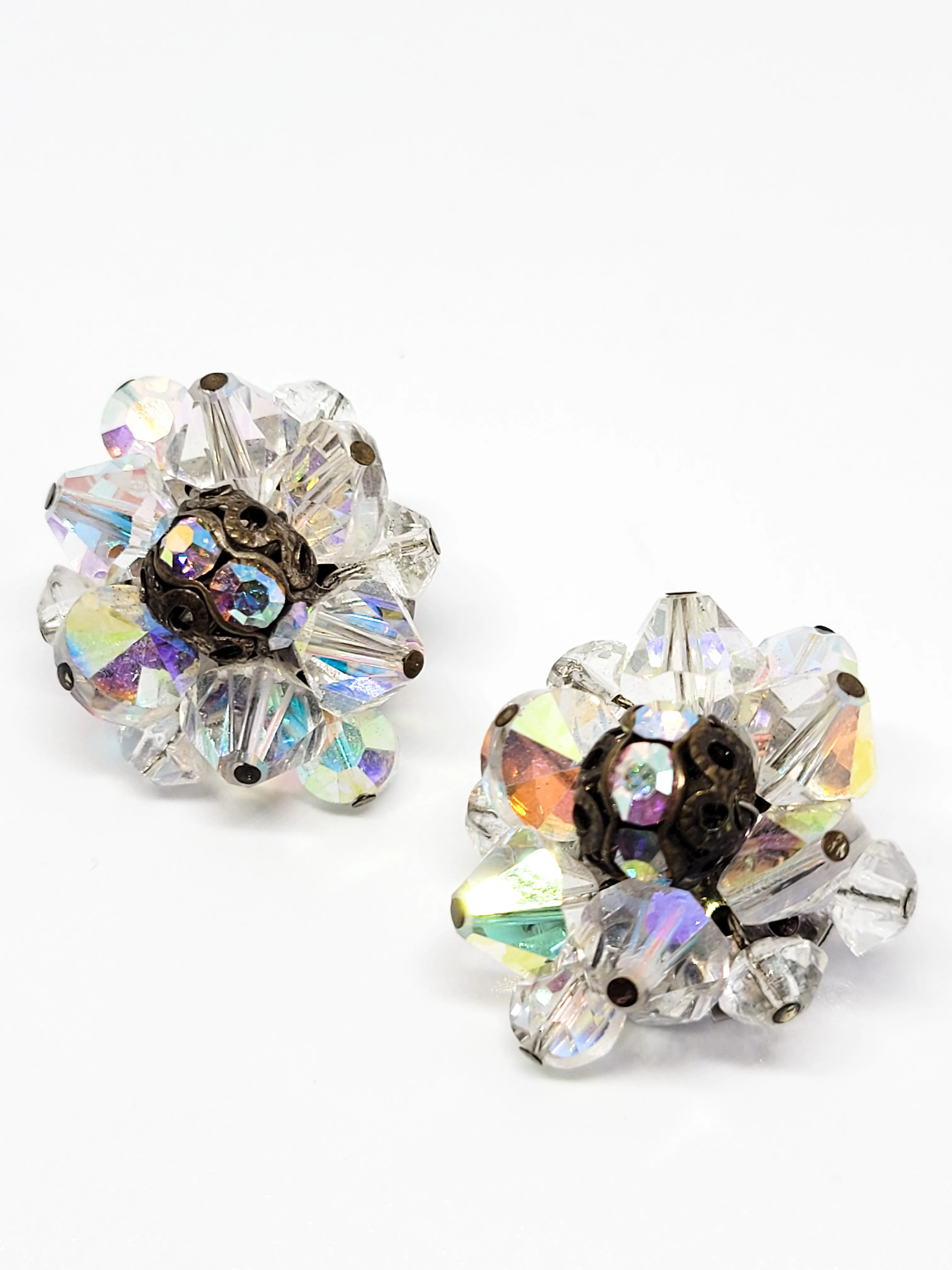 Austrain crystal brass beaded aurora borealis rhinestone clip on vintage earrings