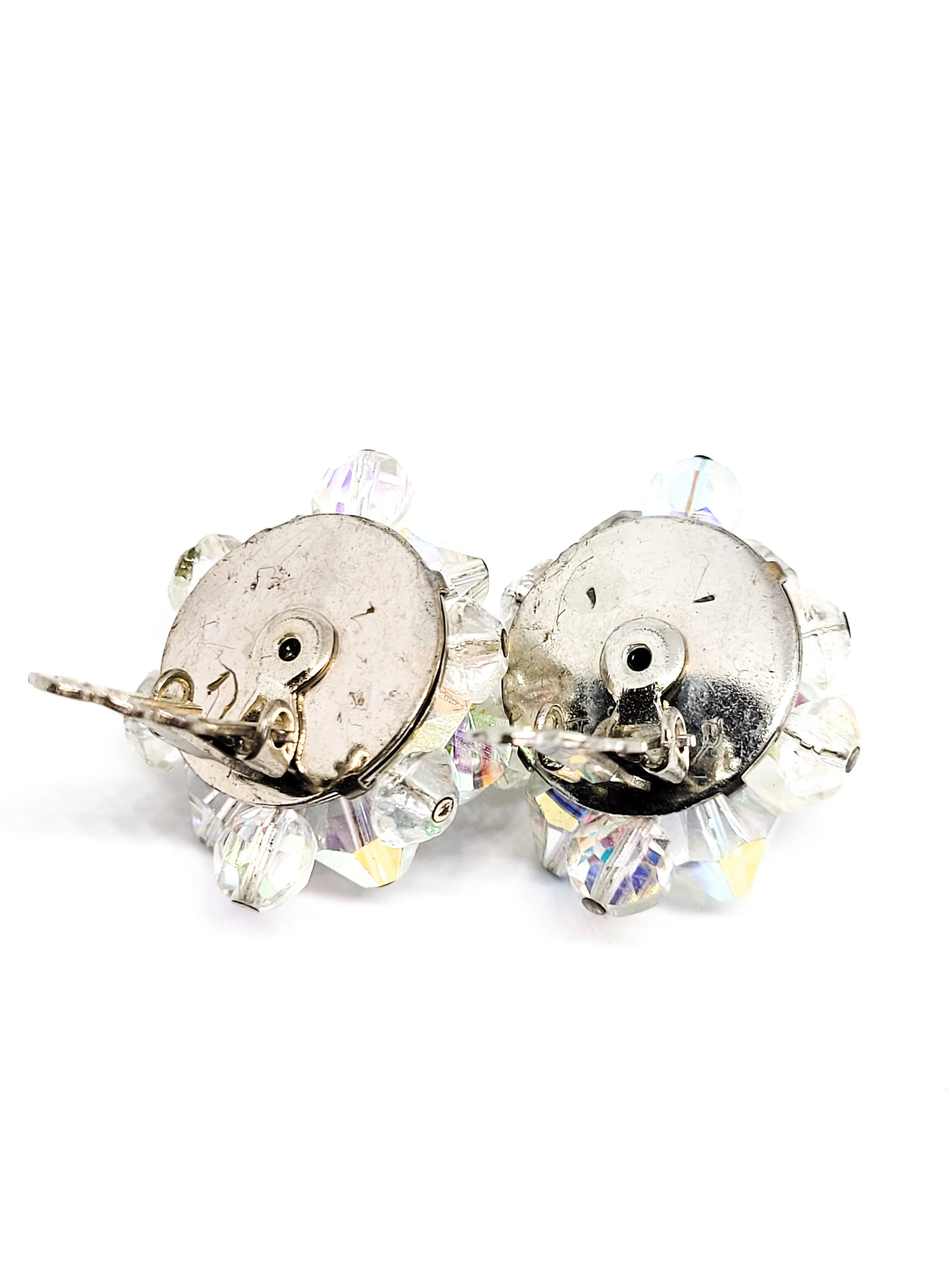 Austrain crystal brass beaded aurora borealis rhinestone clip on vintage earrings