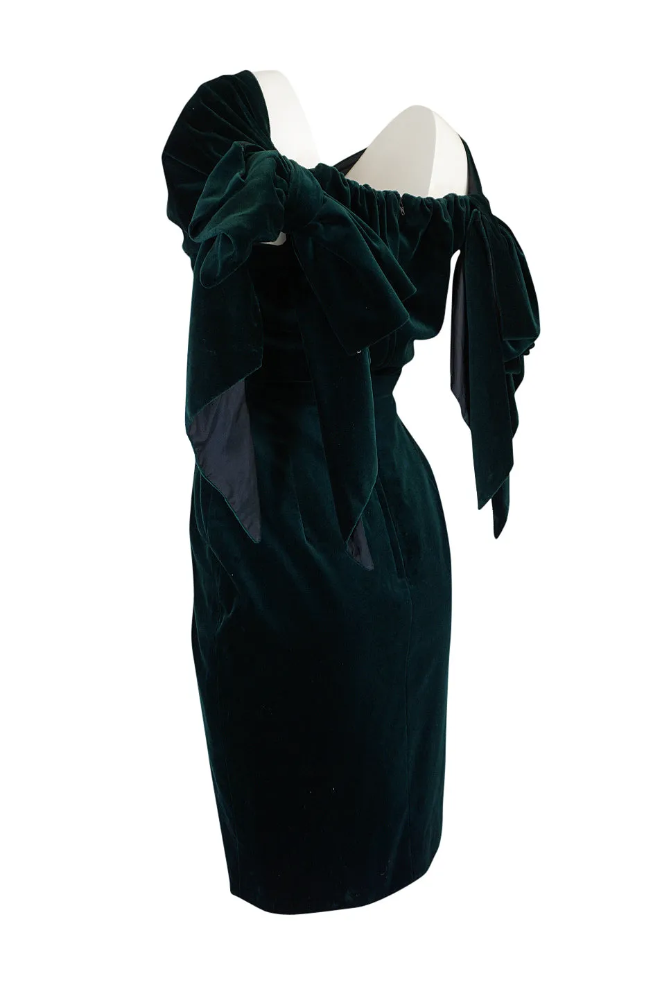 A/W 1989 Antony Price Bottle Green Velvet Dress w Removeable Bows