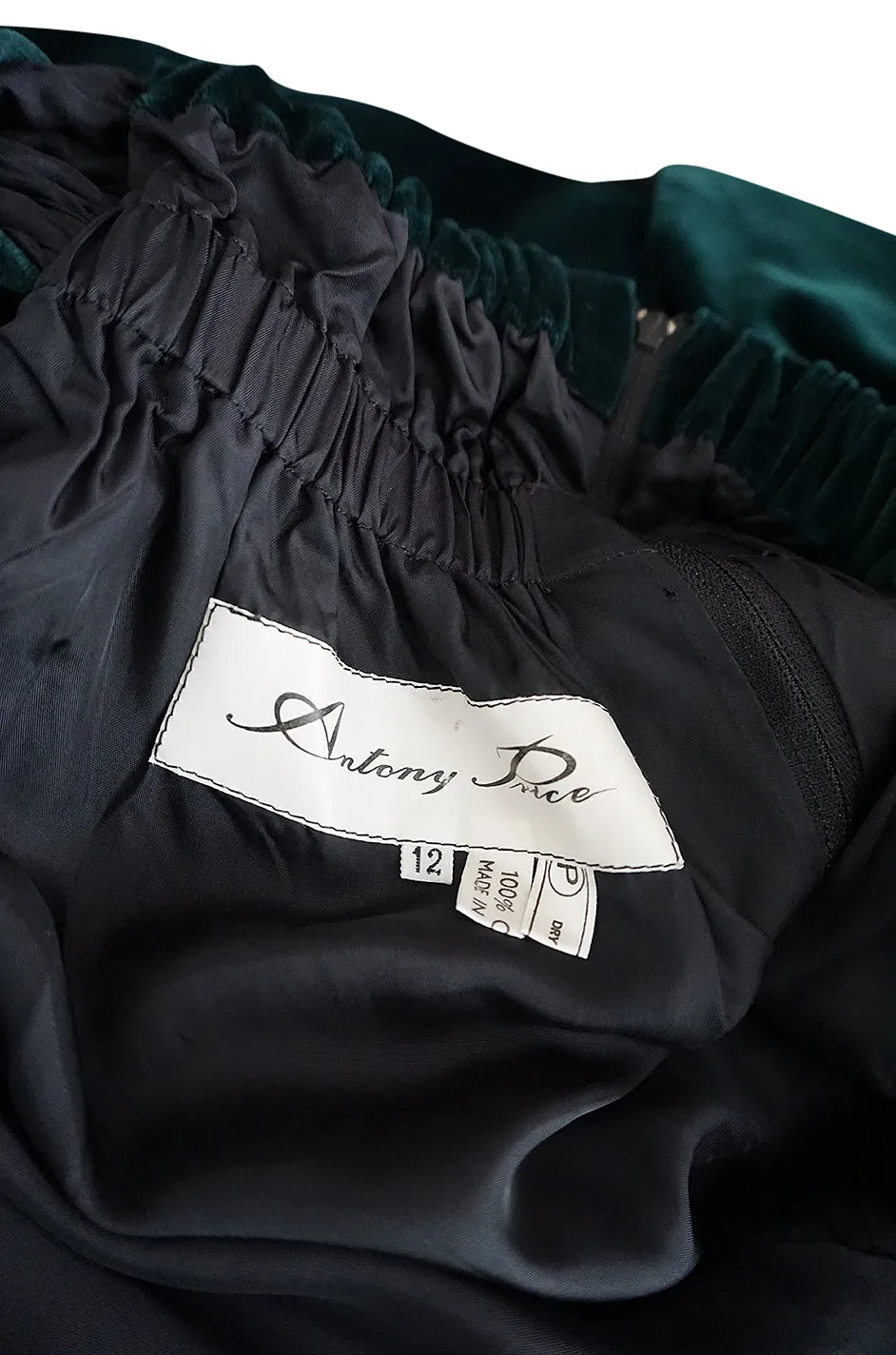A/W 1989 Antony Price Bottle Green Velvet Dress w Removeable Bows