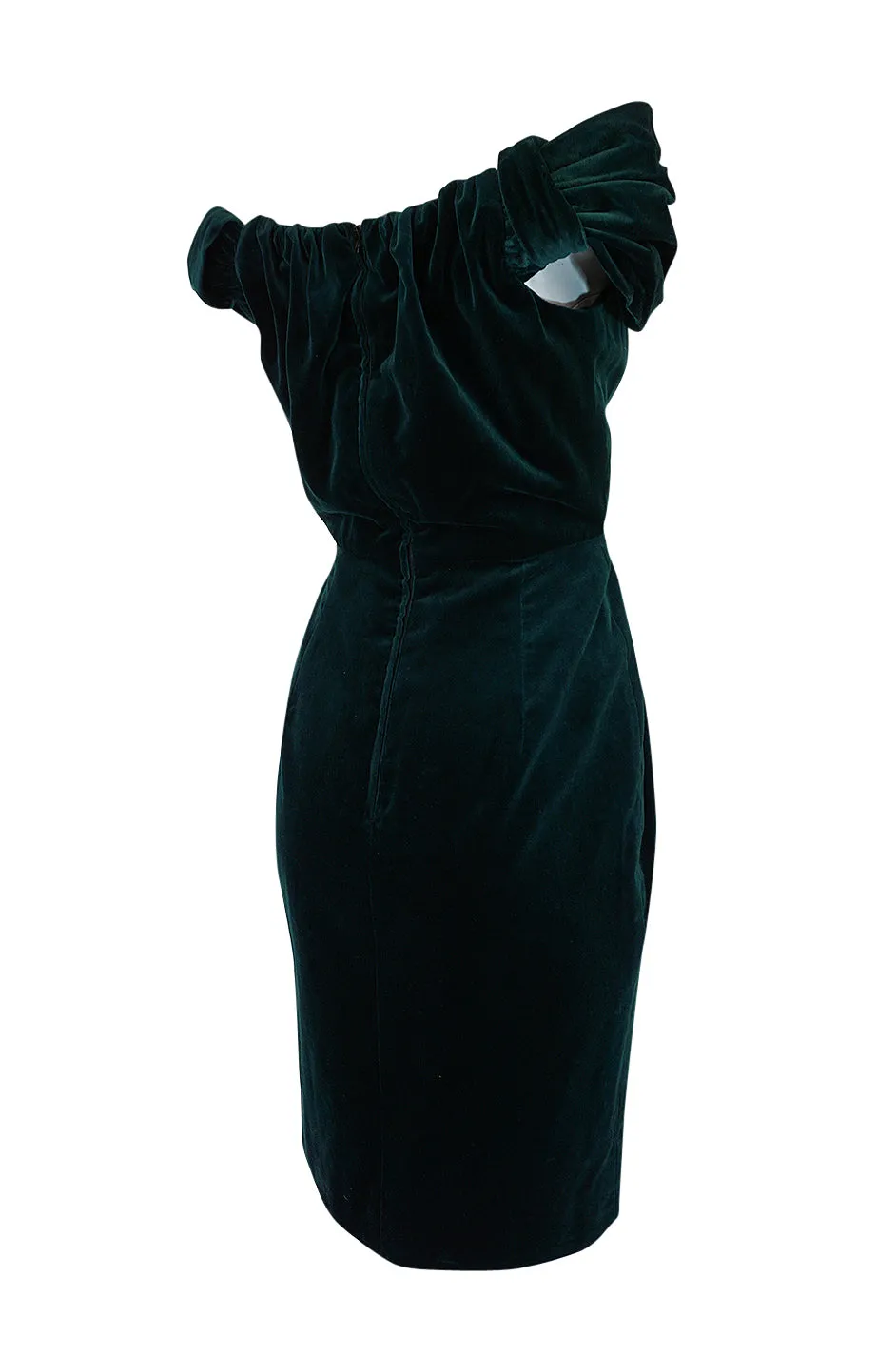 A/W 1989 Antony Price Bottle Green Velvet Dress w Removeable Bows