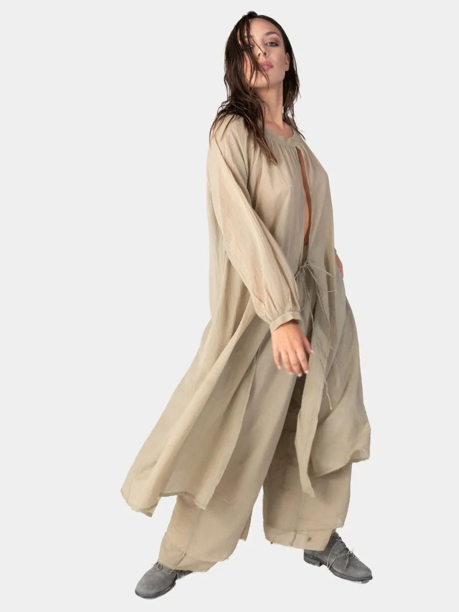 Balloon Sleeve Open Front Cotton Maxi Dress