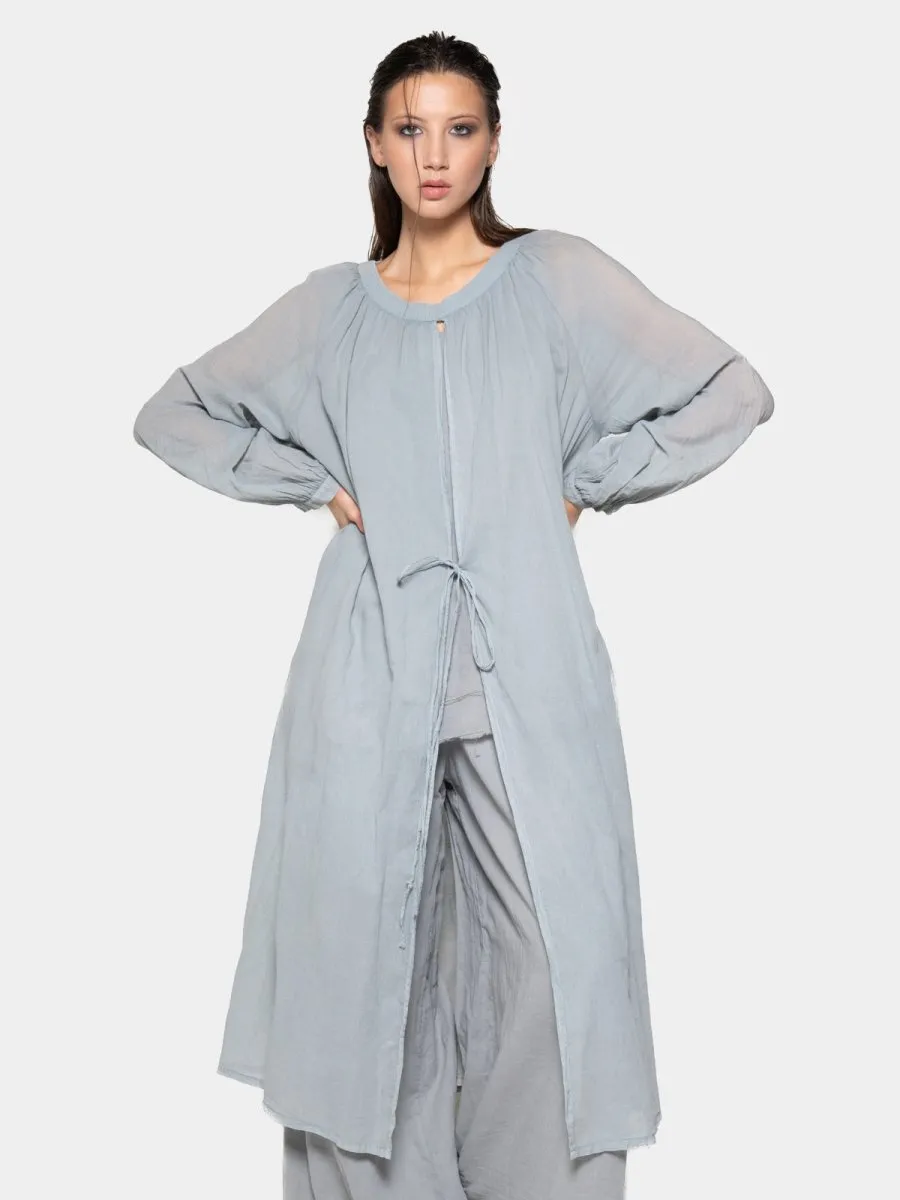 Balloon Sleeve Open Front Cotton Maxi Dress
