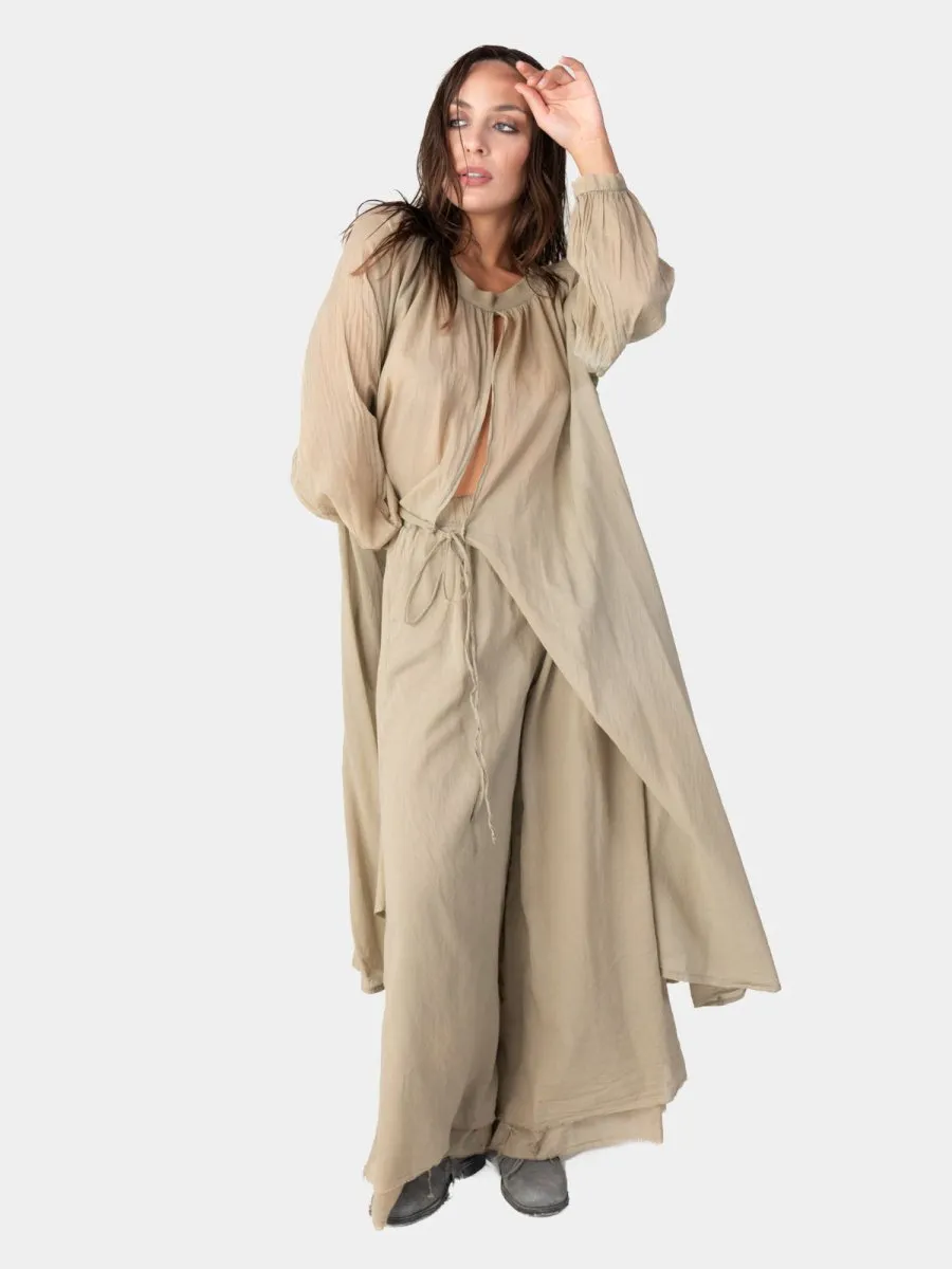 Balloon Sleeve Open Front Cotton Maxi Dress