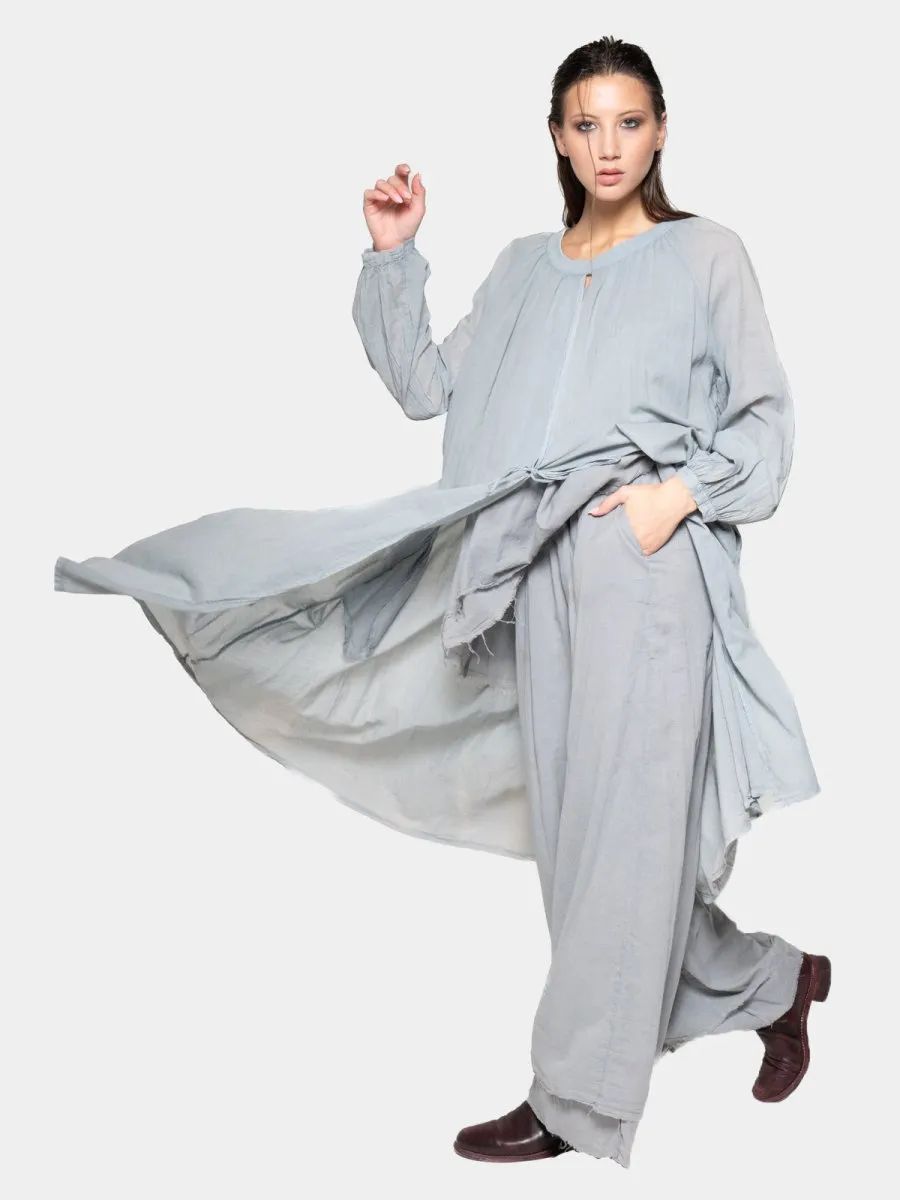 Balloon Sleeve Open Front Cotton Maxi Dress