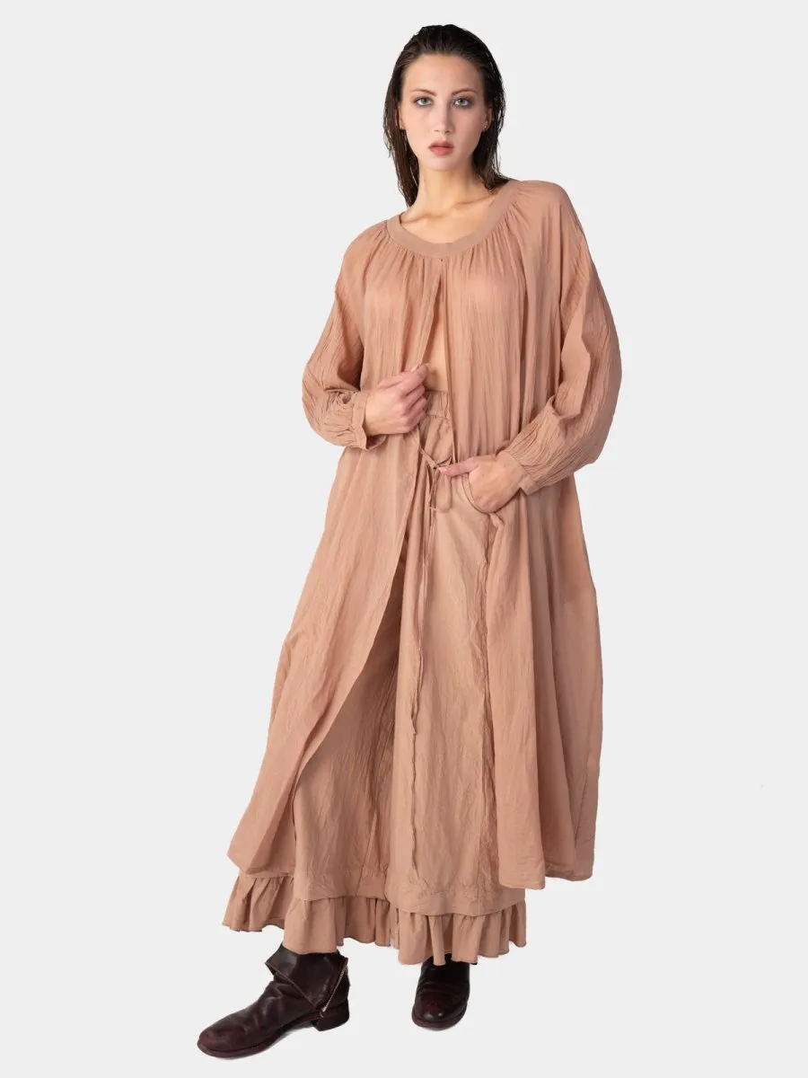 Balloon Sleeve Open Front Cotton Maxi Dress