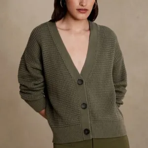 Banana Republic Waffle Stitch Chunky Knit Green Cotton Cardigan Sweater Medium