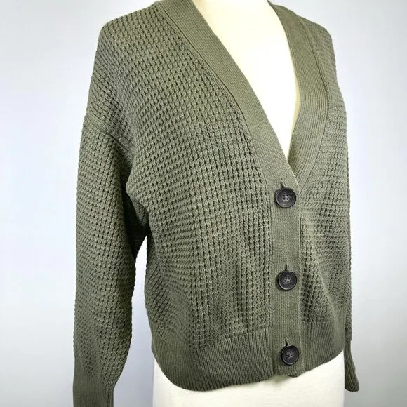 Banana Republic Waffle Stitch Chunky Knit Green Cotton Cardigan Sweater Medium