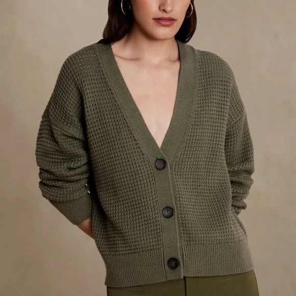 Banana Republic Waffle Stitch Chunky Knit Green Cotton Cardigan Sweater Medium