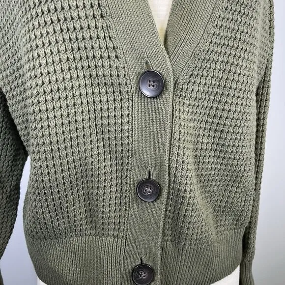 Banana Republic Waffle Stitch Chunky Knit Green Cotton Cardigan Sweater Medium