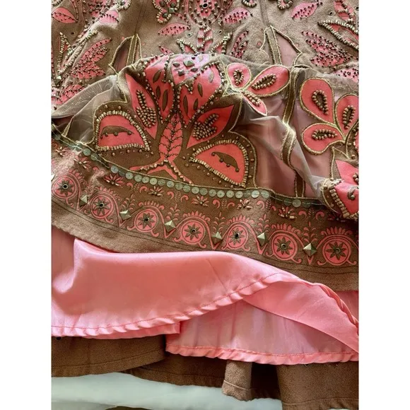 Basil &amp; Maude Skirt Woman's Sz. 2 Midi A Line Burnt Orange Embellished Beaded