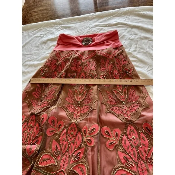 Basil &amp; Maude Skirt Woman's Sz. 2 Midi A Line Burnt Orange Embellished Beaded