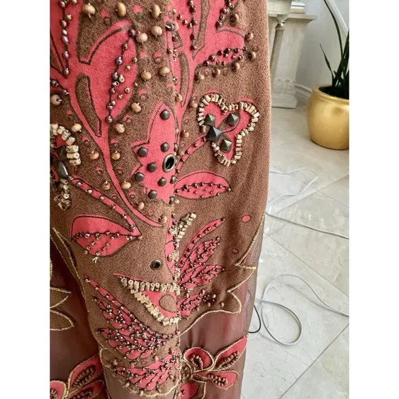 Basil &amp; Maude Skirt Woman's Sz. 2 Midi A Line Burnt Orange Embellished Beaded