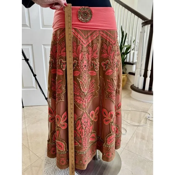 Basil &amp; Maude Skirt Woman's Sz. 2 Midi A Line Burnt Orange Embellished Beaded