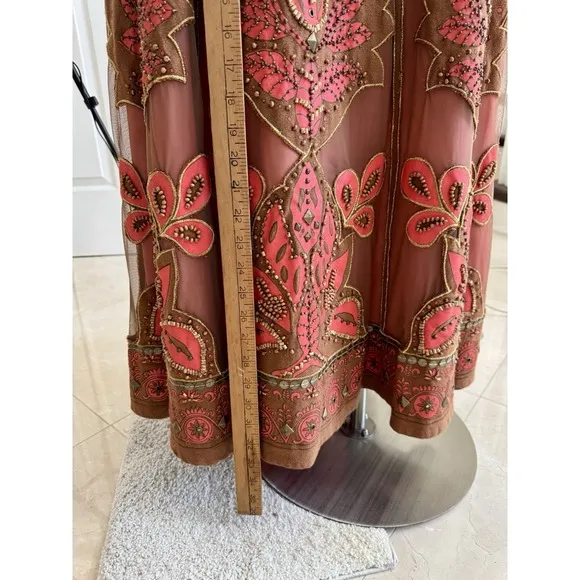 Basil &amp; Maude Skirt Woman's Sz. 2 Midi A Line Burnt Orange Embellished Beaded