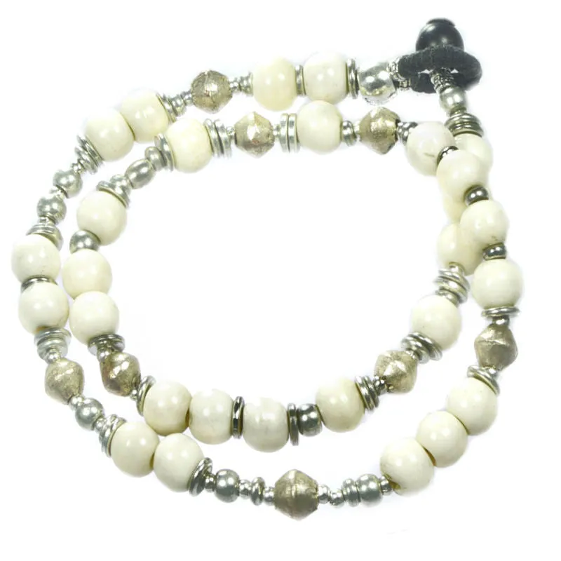 Beaded Silver & Bone Wrap Bracelet