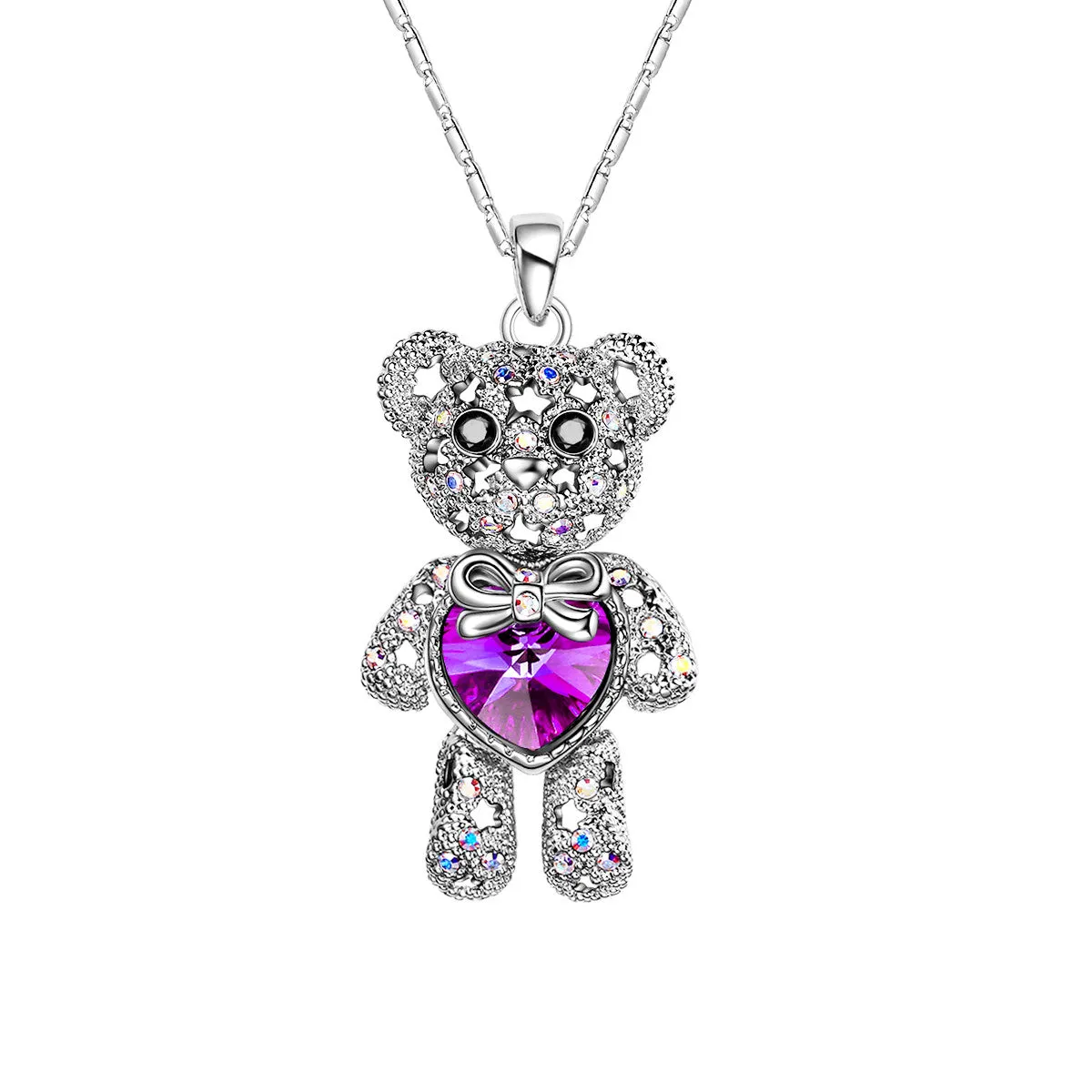 Bear With a Crystal Heart Pendant Necklace